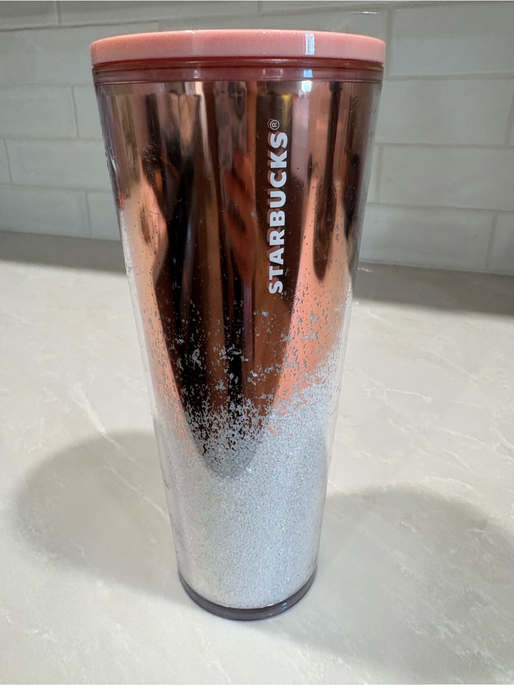 Starbucks 2019 Holiday Cascading Tumbler Mirror Glitter Rose Gold Cold Cup 24 oz